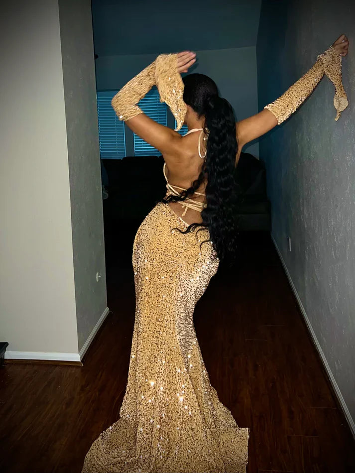 Robe de soirée longue moulante rouge brillante et sexy à paillettes avec col en V gh3414