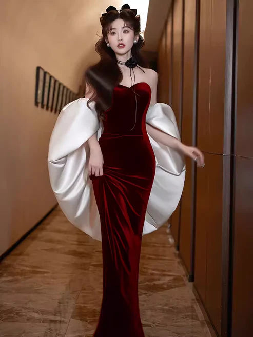 Burgundy Fashion Elegant Mermaid Off-shoulder Long Slim Velvet prom dress Evening Dress Party Dress gh3574