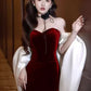 Burgundy Fashion Elegant Mermaid Off-shoulder Long Slim Velvet prom dress Evening Dress Party Dress gh3574