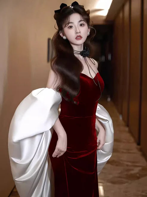 Burgundy Fashion Elegant Mermaid Off-shoulder Long Slim Velvet prom dress Evening Dress Party Dress gh3574