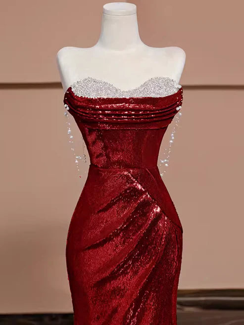 Burgundy gorgeous shiny sexy mermaid sequins long elegant floor-length ball gown evening dress gh3572