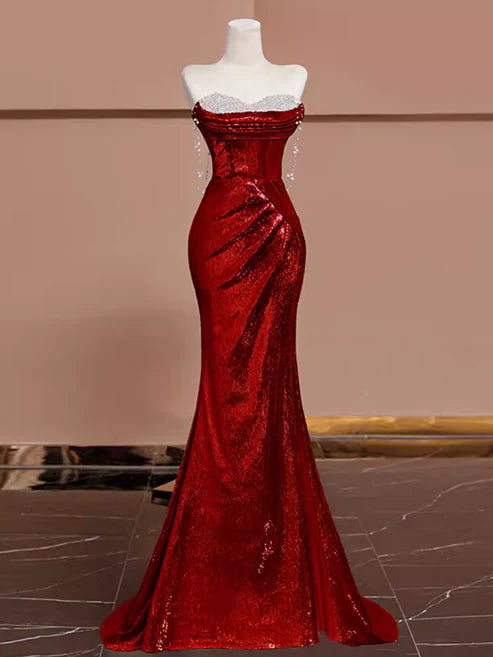 Burgundy gorgeous shiny sexy mermaid sequins long elegant floor-length ball gown evening dress gh3572
