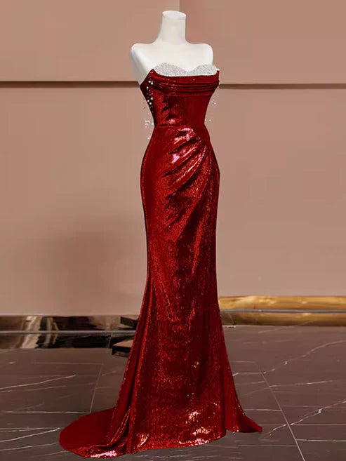 Burgundy gorgeous shiny sexy mermaid sequins long elegant floor-length ball gown evening dress gh3572