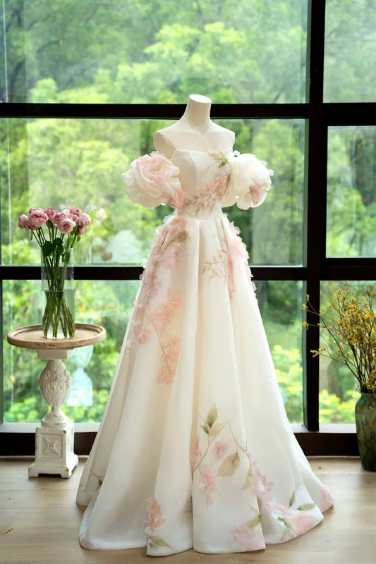 girlhomeshops - Robe de soirée vintage rose et blanche à fleurs 3D, épaules dénudées, coupe trapèze, style forêt gh6033