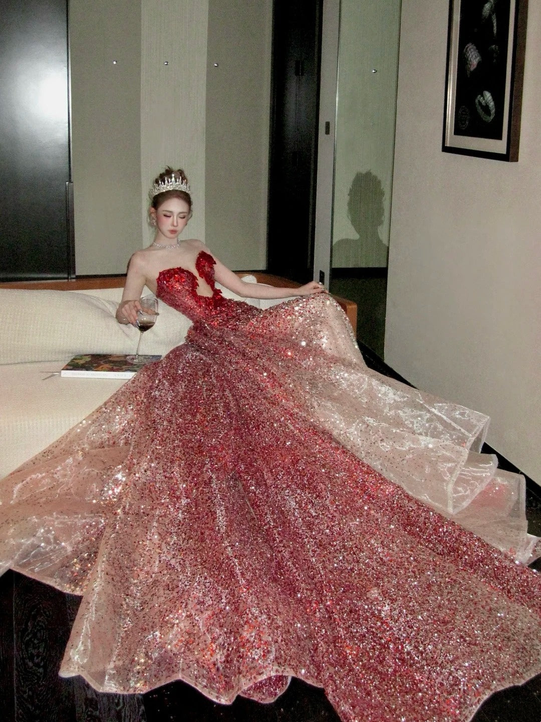 girlhomeshops- Red Divine Robe, Red Sparkle Waist Hip Ratio Mermaid Tail Dress gh6210