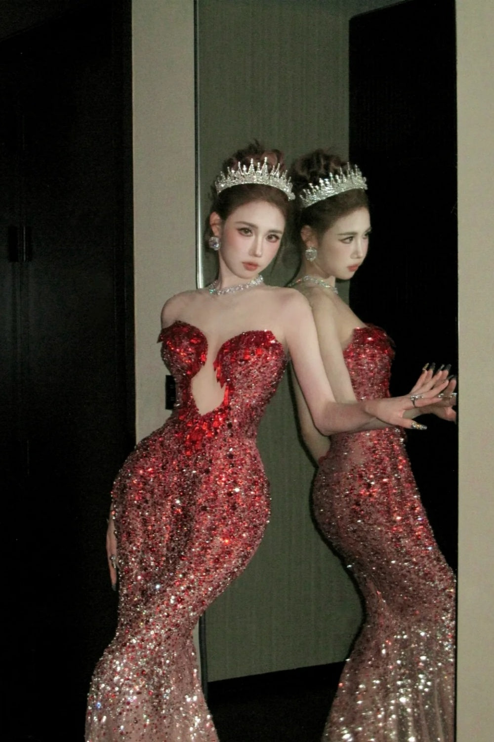 girlhomeshops- Red Divine Robe, Red Sparkle Waist Hip Ratio Mermaid Tail Dress gh6210