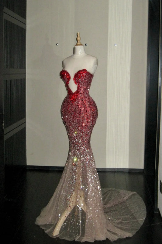 girlhomeshops- Red Divine Robe, Red Sparkle Waist Hip Ratio Mermaid Tail Dress gh6210