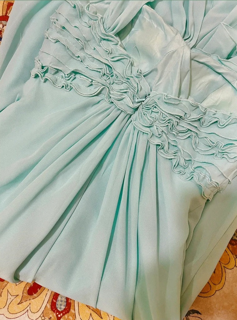 Mint Green vintage fashion one shoulder floral long chiffon prom dress evening dress Bridesmaids Dresses gh4432