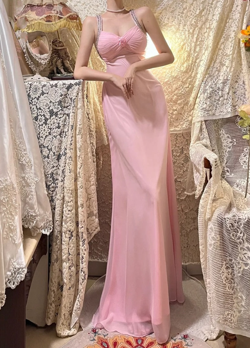 Robe de soirée longue en satin et tulle rose à fleurs et perles gh4487