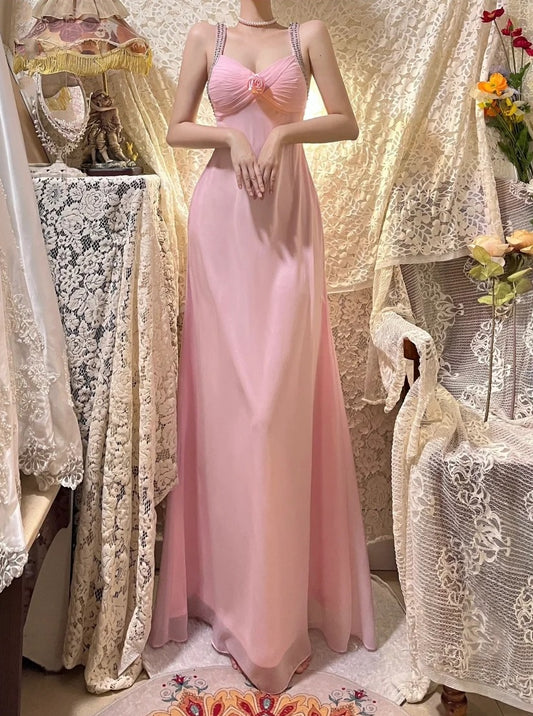 Robe de soirée longue en satin et tulle rose à fleurs et perles gh4487