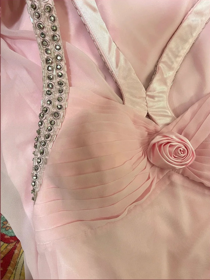 Robe de soirée longue en satin et tulle rose à fleurs et perles gh4487