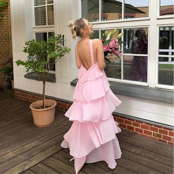Pink Halter Fashion Halter Ruffled Tiered Ruffle Long Chiffon Tulle Ball Gown Evening Gown Party Dress gh3100