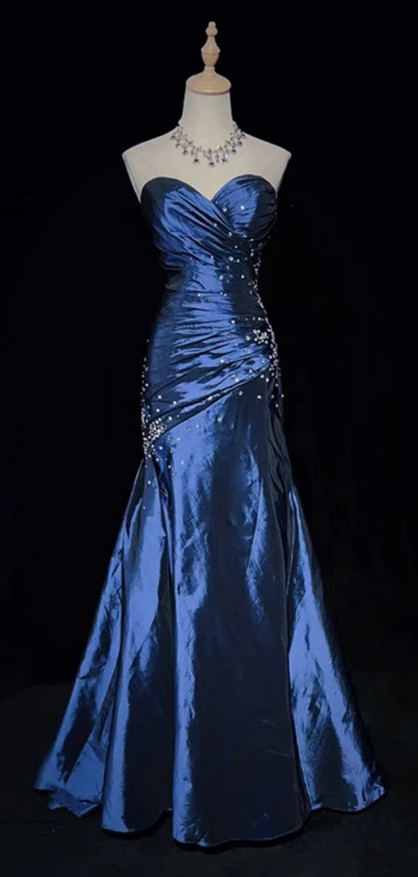 Navy Blue Elegant Exquisite Beaded Sweetheart Neck Sleeveless Mermaid Long Satin Ball Gown Evening Dress gh3469