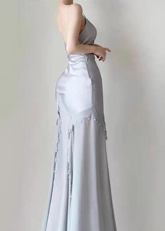 Silver Blue Vintage Fashion Elegant Exquisite Beading Mermaid Spaghetti Strap Satin Long Prom Gown Party Dress gh3684