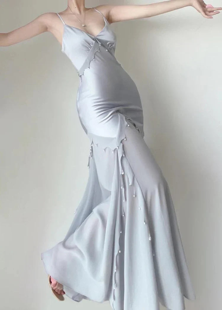 Silver Blue Vintage Fashion Elegant Exquisite Beading Mermaid Spaghetti Strap Satin Long Prom Gown Party Dress gh3684