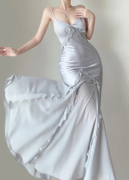 Silver Blue Vintage Fashion Elegant Exquisite Beading Mermaid Spaghetti Strap Satin Long Prom Gown Party Dress gh3684