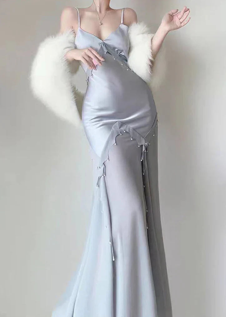 Silver Blue Vintage Fashion Elegant Exquisite Beading Mermaid Spaghetti Strap Satin Long Prom Gown Party Dress gh3684