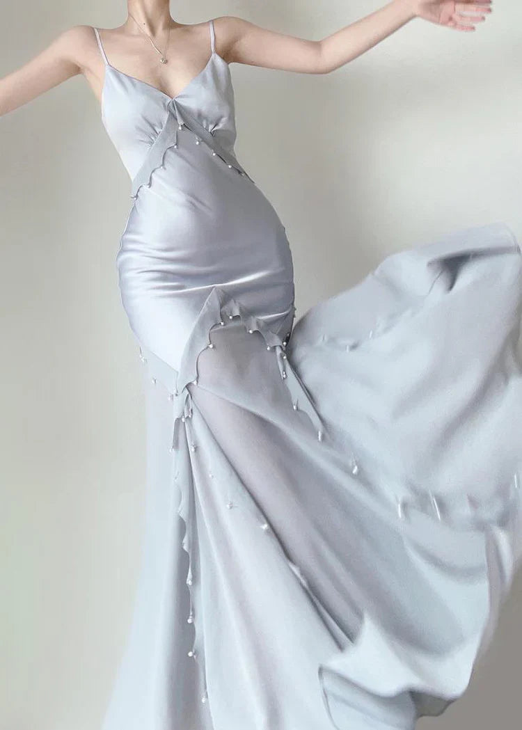 Silver Blue Vintage Fashion Elegant Exquisite Beading Mermaid Spaghetti Strap Satin Long Prom Gown Party Dress gh3684