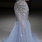 Blue gorgeous shiny beautiful off-shoulder exquisite beading long tulle mermaid slim fishtail skirt ball gown formal evening gown wedding dress gh3559