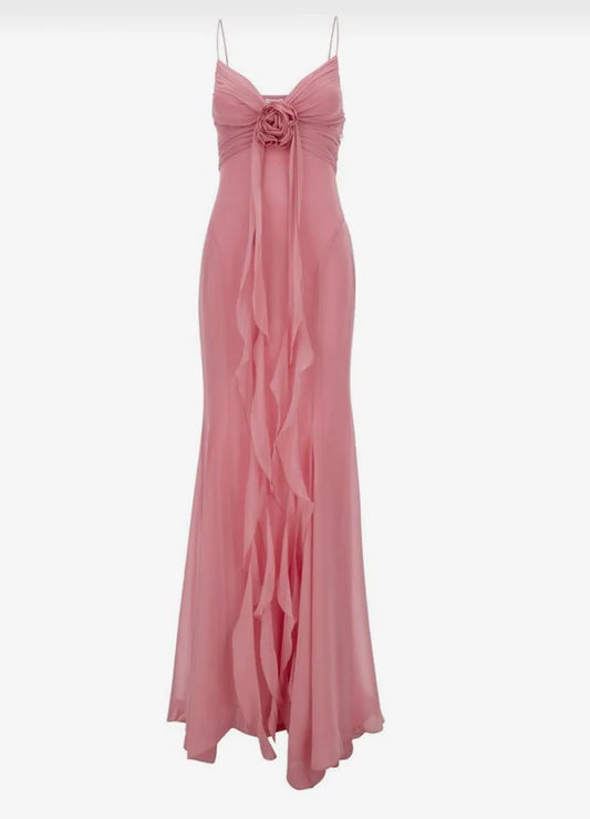 girlhomeshops-- Chic Pink Romantic Elegant Long Chiffon Wedding Guest Dress Party Dress Birthday Dress gh5566