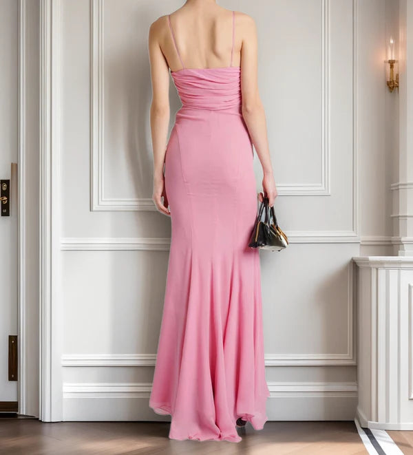 girlhomeshops-- Chic Pink Romantic Elegant Long Chiffon Wedding Guest Dress Party Dress Birthday Dress gh5566
