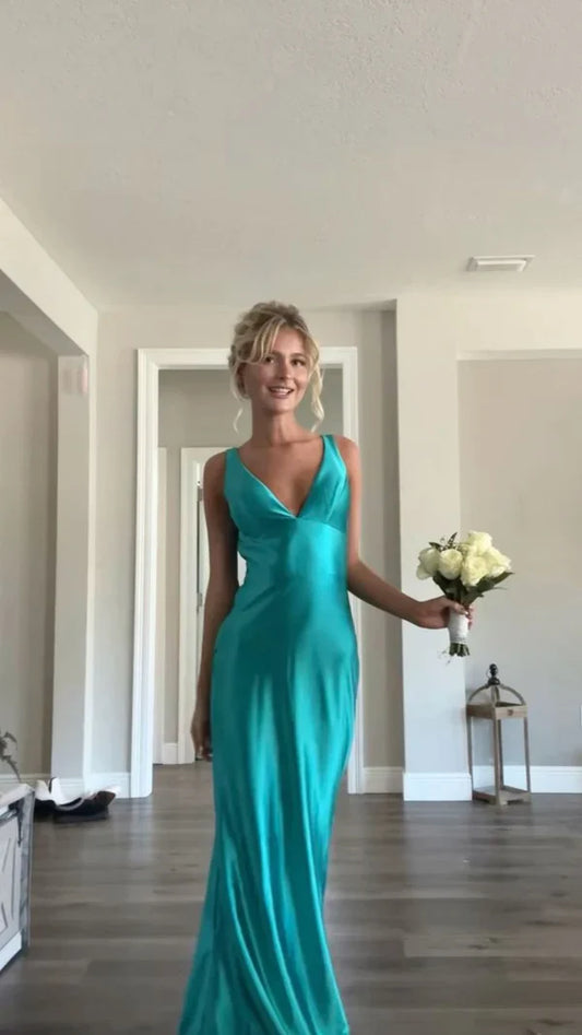Robe de soirée longue en satin bleu élégant à col en V, robe de soirée pour invités de mariage, gh3343