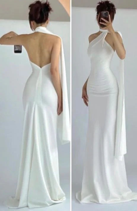 White solid color elegant fashion ribbon simple backless long mermaid floor length ball gown evening dress party dress gh3475