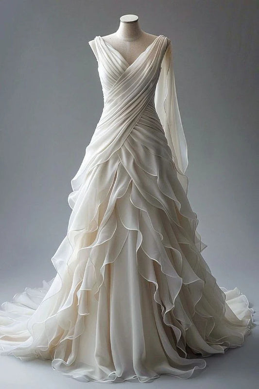 Ivory Layered Tulle Gown: V-neck Ruched, Flutter Sleeve Design, Outdoor Wedding Light Bridal Dress gh6591