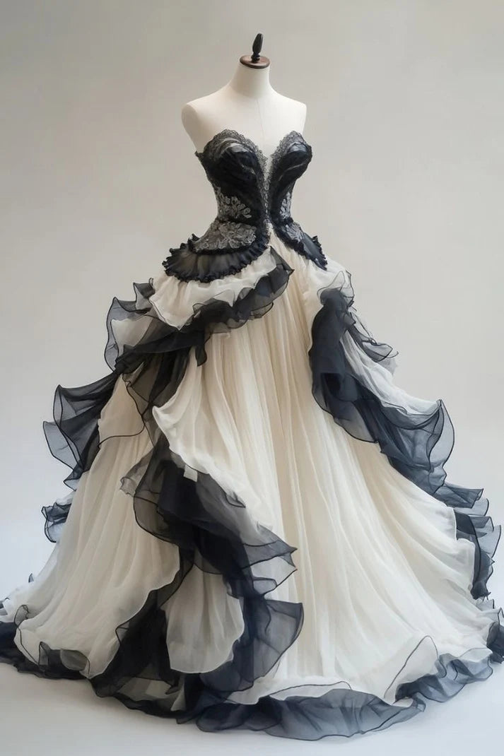 Black white vintage elegant Delicate lace long tulle prom dress evening gown graduation party dress wedding dress gh3421