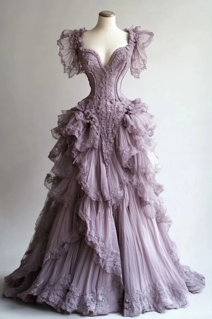 Lilac gorgeous elegant fashion exquisite lace long tulle ball gown evening dress wedding dress gh3557