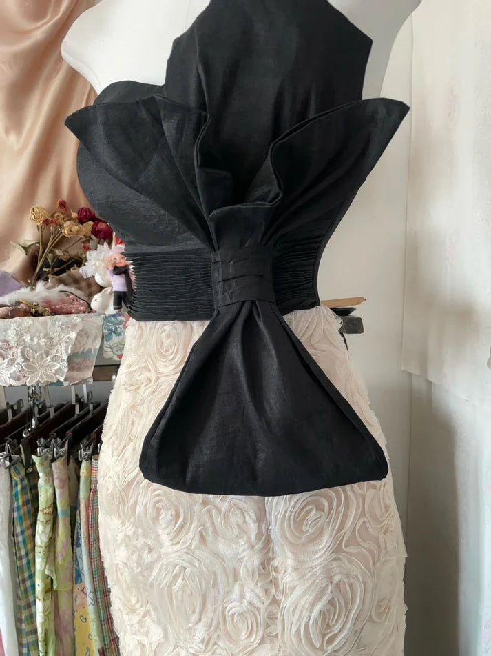 Robe de soirée longue en dentelle exquise à épaules dénudées noire et rose gh3384