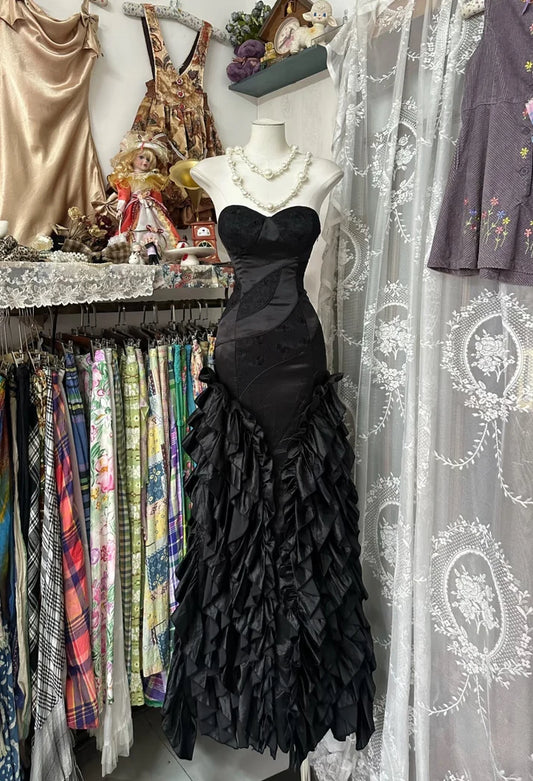 Black vintage fashion elegant long mermaid ruffle floor length evening gown prom dress party dress gh3632