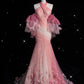 Robe de soirée longue en tulle rose style rétro, magnifique, à bretelles florales, longueur au sol, style sirène, jupe queue de poisson, robe de bal, gh3619