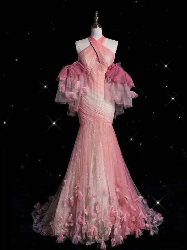 Pink Gorgeous Retro Fashion Elegant Floral Mermaid Suspender Long Mermaid Tulle Floor Length Evening Dress Prom Dress gh3702