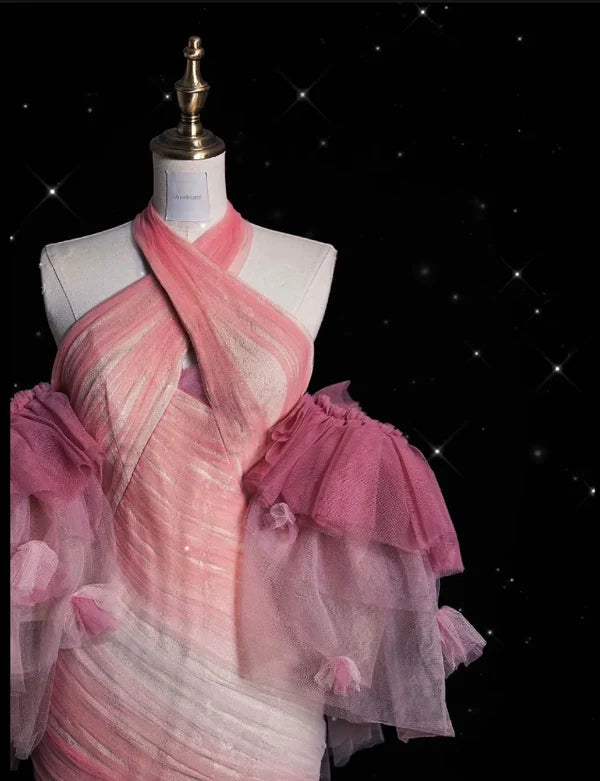 Pink Gorgeous Retro Fashion Elegant Floral Mermaid Suspender Long Mermaid Tulle Floor Length Evening Dress Prom Dress gh3702