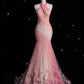 Robe de soirée longue en tulle rose style rétro, magnifique, à bretelles florales, longueur au sol, style sirène, jupe queue de poisson, robe de bal, gh3619