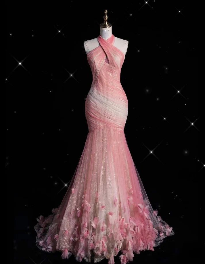 Robe de soirée longue en tulle rose style rétro, magnifique, à bretelles florales, longueur au sol, style sirène, jupe queue de poisson, robe de bal, gh3619