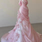 Robe de mariée de soirée en tulle rose magnifique et exquise, style sirène, sans bretelles, longue, longueur au sol, gh3396