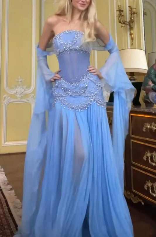 Light Blue Vintage Fashion Exquisite Beading A-Line Off-the-shoulder Long Chiffon Ball Gown Evening Dress Party Dress gh3454