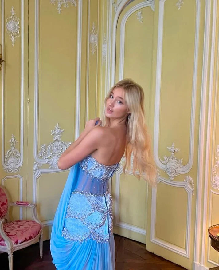 Hellblaues Vintage-Mode-exquisite Perlenbesatz A-Linie Off-the-shoulder Langes Chiffon-Ballkleid Abendkleid Partykleid gh3454