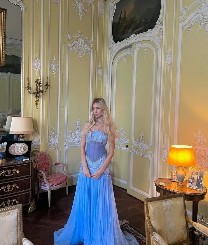 Hellblaues Vintage-Mode-exquisite Perlenbesatz A-Linie Off-the-shoulder Langes Chiffon-Ballkleid Abendkleid Partykleid gh3454