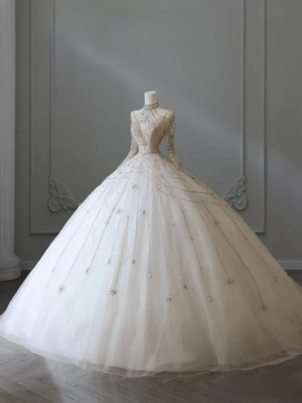 Ivory White Beaded Fashion Long Train Tulle Ball Gown Wedding Dress gh4952