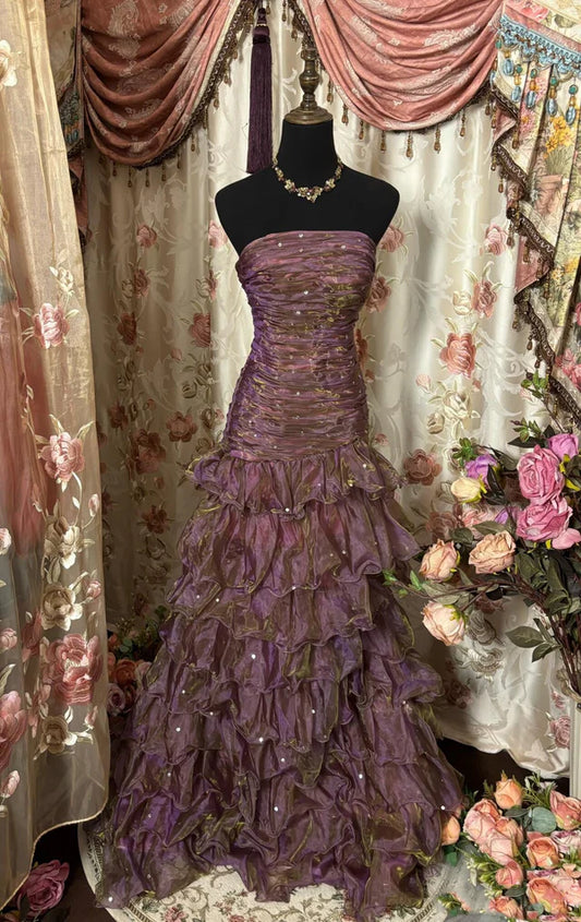 Robe bandeau à volants dégradée violette et marron : ornée de sequins, coupe sirène cintrée à la taille, robe maxi rétro élégante pour banquet (gh6589)
