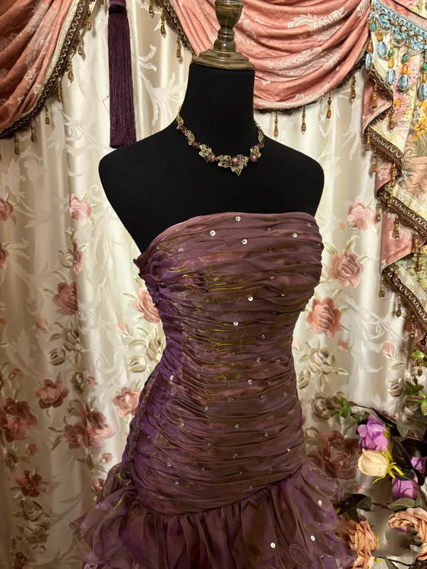 Lila-braunes, gestuftes Bandeau-Kleid mit Farbverlauf: Paillettenbesatz, taillierter Meerjungfrauenschnitt, robustes Maxikleid im Retro-Stil für festliche Anlässe gh6589