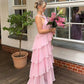 Pink Halter Fashion Halter Ruffled Tiered Ruffle Long Chiffon Tulle Ball Gown Evening Gown Party Dress gh3100