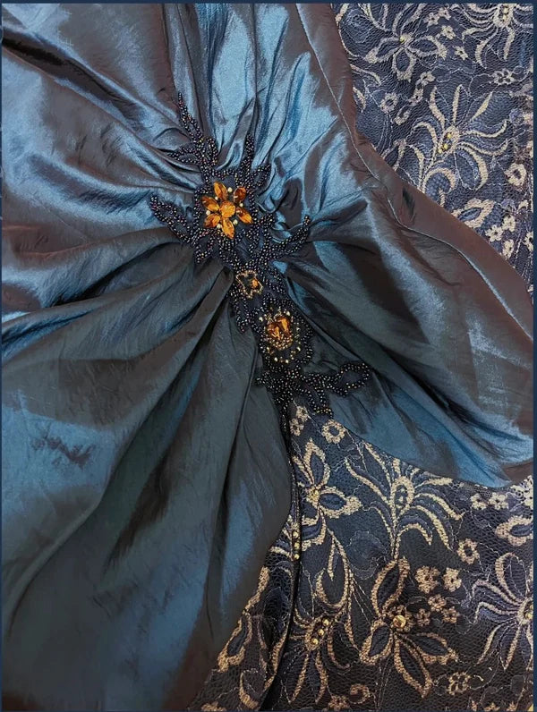 Sapphire blue exquisite beaded pleated elegant and charming retro fashion floral long taffeta lace ball gown evening dress gh4435