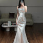 girlhomeshops- Silver Sparkling Mermaid Slimming Evening Dress gh6211