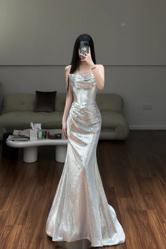 girlhomeshops- Silver Sparkling Mermaid Slimming Evening Dress gh6211
