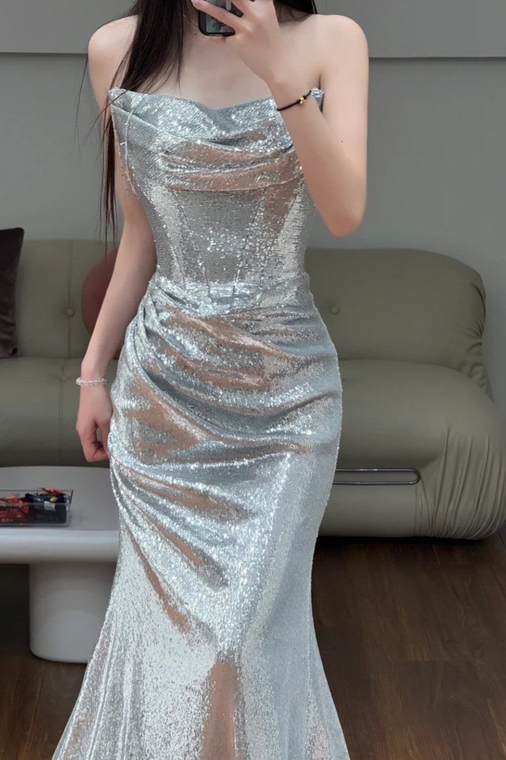 girlhomeshops- Silver Sparkling Mermaid Slimming Evening Dress gh6211