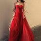 Red elegant spaghetti straps delicate floral beading long tulle formal prom dress evening gown with back corset gh2550